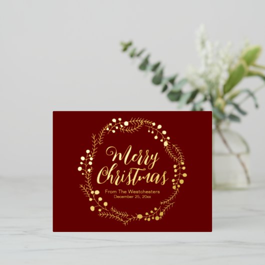 Vrolijk Kerstmis maroon gouden script rustieke kra Folie Feestdagen Briefkaart (Staand Voorkant)