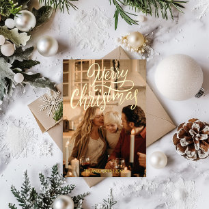 Vrolijk Kerstmis Modern 2 Familie Foto Goud Folie Feestdagenkaart
