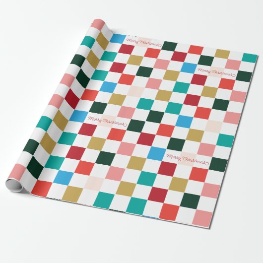Vrolijk Kerstmis Modern Kleurrijk Checkerboard Cadeaupapier (Uitgerold)