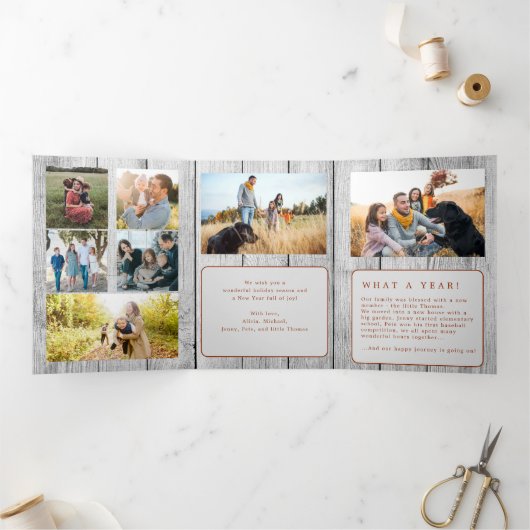 Vrolijk Kerstmis multi foto familie rustiek hout Drieluik Wenskaart (Binnen)