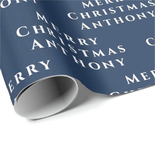 Vrolijk Kerstmis Naam Marine Wit Eenvoudig Modern Cadeaupapier (Rol Hoek)