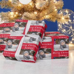 Vrolijk Kerstmis naam Rood Wit Foto Collage Cadeaupapier