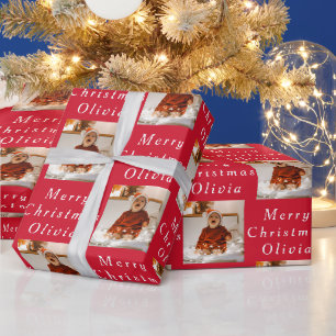Vrolijk Kerstmis naam Rood Wit Foto Collage Cadeaupapier