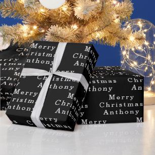 Vrolijk Kerstmis Naam Zwart Wit Eenvoudig Modern Cadeaupapier