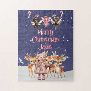 Vrolijk Kerstmis Rendier Peppermint Fairy w / Naam Legpuzzel