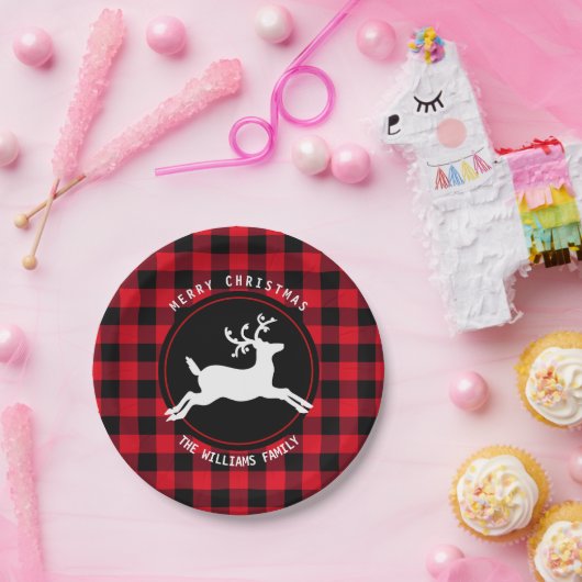 Vrolijk Kerstmis Rendier Rood Zwart Buffel Check Papieren Bordje (Feest)