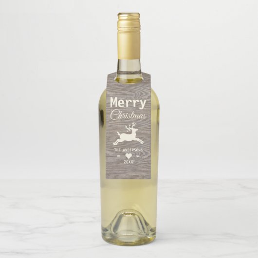 Vrolijk Kerstmis Rendier Rustiek Verweerd Hout Flessenhanger (Op fles)