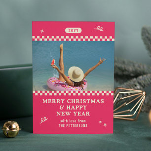 Vrolijk Kerstmis Retro Roze Foto Gepersonaliseerd