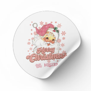 Vrolijk Kerstmis Retro Typografie Santa Roze Pet Ronde Sticker