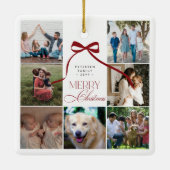 Vrolijk Kerstmis rode boog aangepaste foto collage Keramisch Ornament (Achterkant)