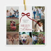 Vrolijk Kerstmis rode boog aangepaste foto collage Keramisch Ornament (Voorkant)