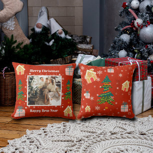 Vrolijk Kerstmis Rode Familie Foto Kussen