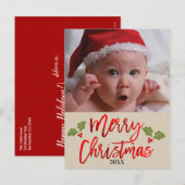 Vrolijk Kerstmis Rode Folie Modern Script Foto Feestdagenkaart (Voorkant / Achterkant)