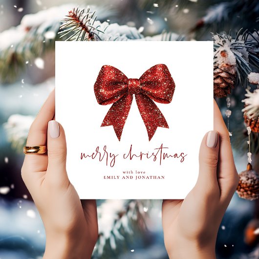 Vrolijk Kerstmis Rode Glitter Coquette Bow Wit Kaart