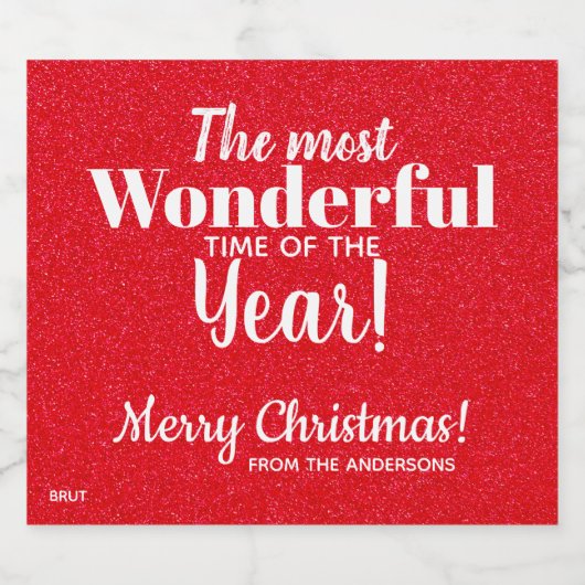 Vrolijk Kerstmis Rode Glitter Mousserende Wijn Lab Sparkling Wijnetiket (Enkel label)