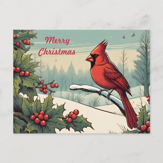 Vrolijk Kerstmis Rode Kardinaal Vogel en Holly Ber Feestdagenkaart (Voorkant)