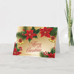 Vrolijk Kerstmis Rode Poinsettia Bloemen, Bells Feestdagen Kaart