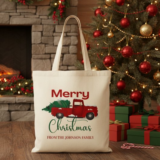 Vrolijk Kerstmis Rode Vrachtwagen in Sneeuwdouane Tote Bag