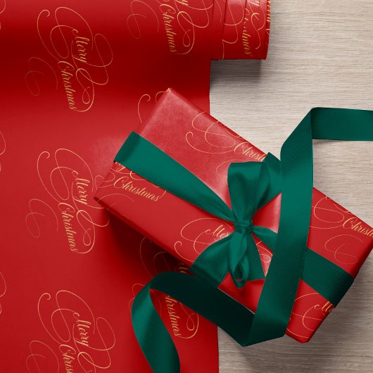 Vrolijk Kerstmis rood en goud elegant script Cadeaupapier