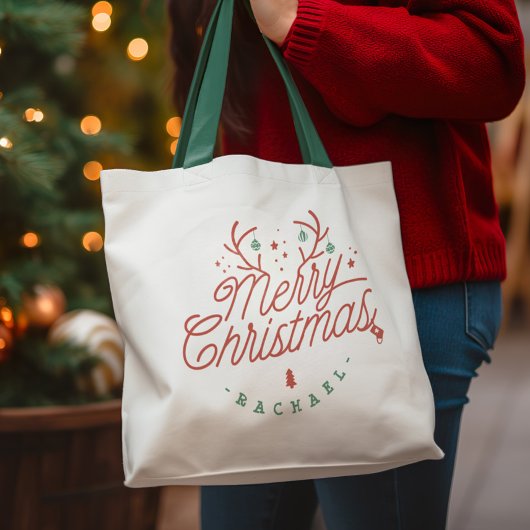 Vrolijk Kerstmis Rood Groen Gepersonaliseerd Rendi Tote Bag