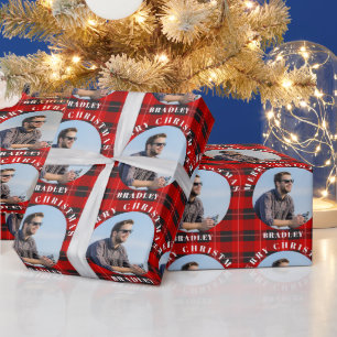 Vrolijk Kerstmis Rood Plaid Gepersonaliseerde Foto Cadeaupapier