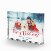 Vrolijk Kerstmis Rood Script Familie Hond Fotoblok (Rechts)