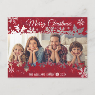 Vrolijk Kerstmis ROOD sneeuwvlok Familie FOTO wens Briefkaart