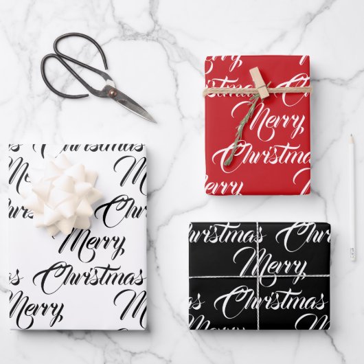Vrolijk Kerstmis rood zwart wit script elegant Inpakpapier Vel (Voorkant)