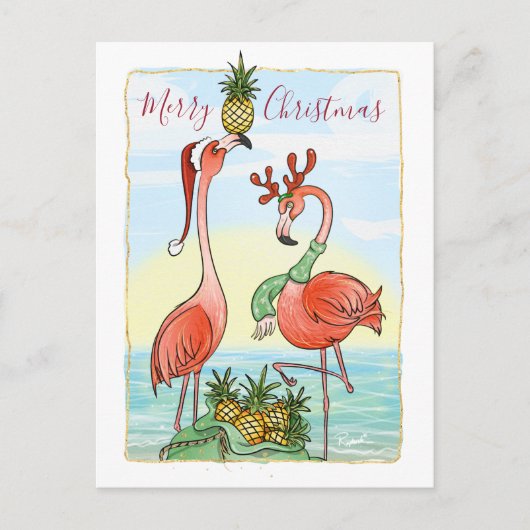 Vrolijk Kerstmis Roze Flamingo Hawaïaanse Ananas Aankondigingskaart (Voorkant)