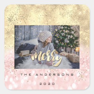 Vrolijk Kerstmis Roze Gouden Sterren Glitter Foton Vierkante Sticker