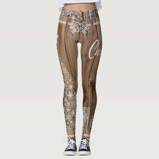 Vrolijk Kerstmis Rustiek Houten Patroon Sneeuwvlok Leggings (Voorkant)