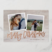 Vrolijk Kerstmis Rustiek Script 2 Foto Goud Folie Feestdagenkaart (Voorkant)