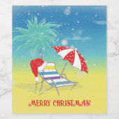 VROLIJK KERSTMIS Santa Hat Whimsical Beach Scène Wijn Etiket (Enkel label)