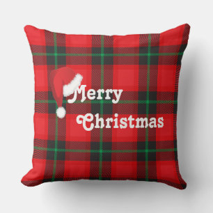 Vrolijk Kerstmis Santa hoed Plaid Tartan Patroon Kussen