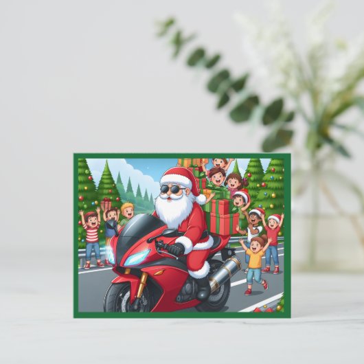 Vrolijk Kerstmis Santa Motorcycle briefkaart (Staand voorkant)