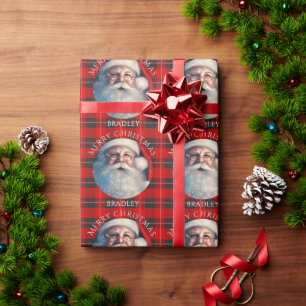 Vrolijk Kerstmis Santa Red Plaid Gepersonaliseerde Cadeaupapier