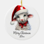 Vrolijk Kerstmis Schaap in Santa Hoed Rode Bow Cus Keramisch Ornament (Achterkant)