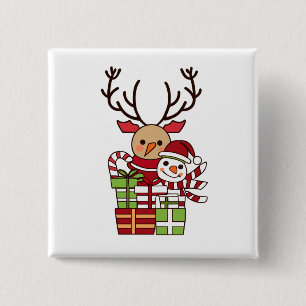 Vrolijk Kerstmis schattig cartoon rendier sneeuwpo Vierkante Button 5,1 Cm