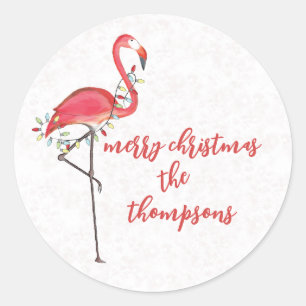 Vrolijk Kerstmis Schattige Roze Flamingo String Li Ronde Sticker