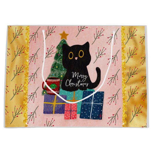 Vrolijk Kerstmis Schattige Zwart Kat Koffie Roze G Groot Cadeauzakje (Voorkant)