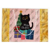 Vrolijk Kerstmis Schattige Zwart Kat Koffie Roze G Groot Cadeauzakje (Achterkant)