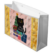 Vrolijk Kerstmis Schattige Zwart Kat Koffie Roze G Groot Cadeauzakje (Voorkant Gekanteld)