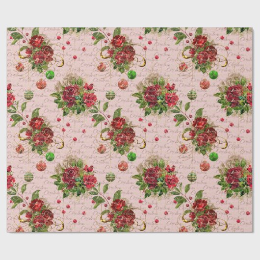 Vrolijk Kerstmis Script Bauble Goud Roze Rozen Cadeaupapier (Vlak)