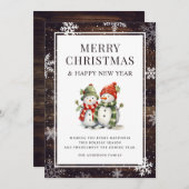 Vrolijk Kerstmis Sneeuwman Rustiek Hout Sneeuwvlok Feestdagenkaart (Voorkant / Achterkant)