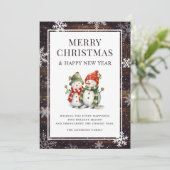 Vrolijk Kerstmis Sneeuwman Rustiek Hout Sneeuwvlok Feestdagenkaart (Staand voorkant)