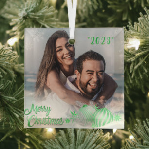 Vrolijk Kerstmis Sneeuwvlok Gepersonaliseerd Groen Glas Ornament