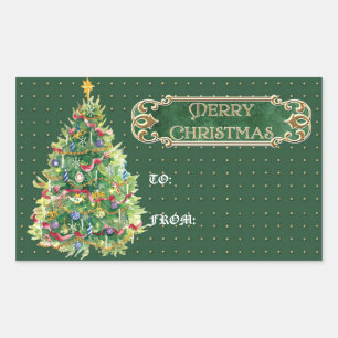 Vrolijk Kerstmis Versierde Boom Star Gouden Swirl Rechthoekige Sticker