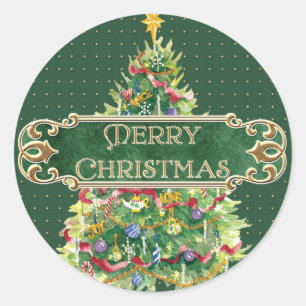 Vrolijk Kerstmis Versierde Boom Star Gouden Swirl Ronde Sticker