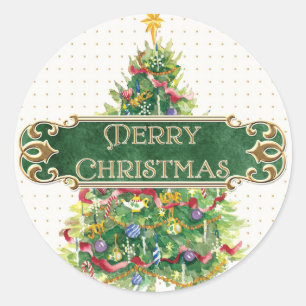 Vrolijk Kerstmis Versierde Boom Star Gouden Swirl Ronde Sticker