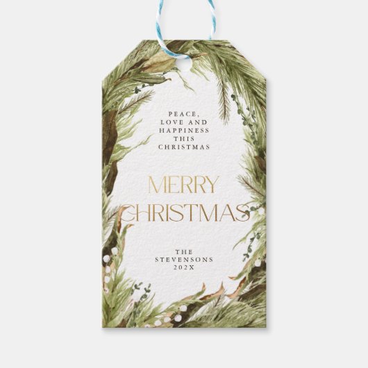 Vrolijk Kerstmis Waterverf Kerstkrans Cadeaulabel (Voorkant)